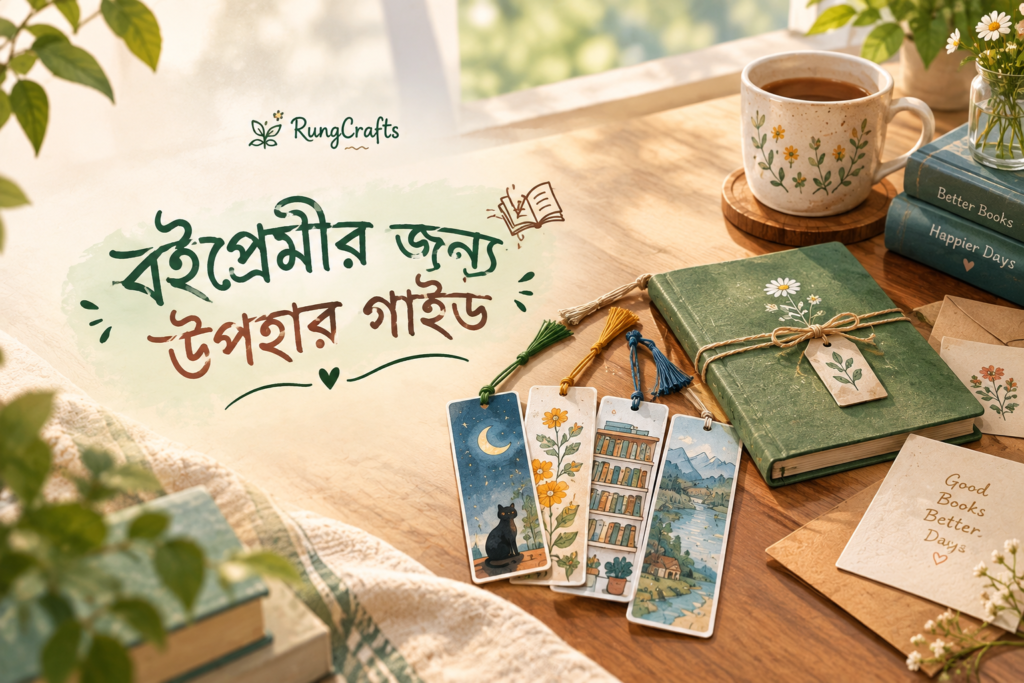 বইপ্রেমীর জন্য হাতে আঁকা উপহারের চিত্র: খোলা বই, ফুলের নকশার বুকমার্ক, চাঁদ ও নদীর নোটবুক আর চিরকুটসহ খাম